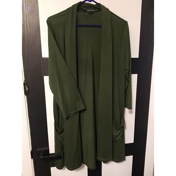 Olivia Blu Duster Cardigan Women’s 1x Long Sleeves Pockets Dark Green - Picture 3 of 7